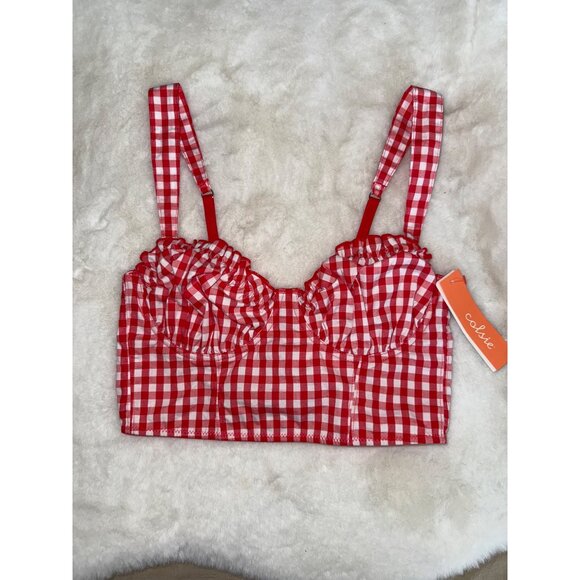Colsie size XS Red Gingham Crop Corset Bra Top Shirred Smocked back NEW - Picture 2 of 5